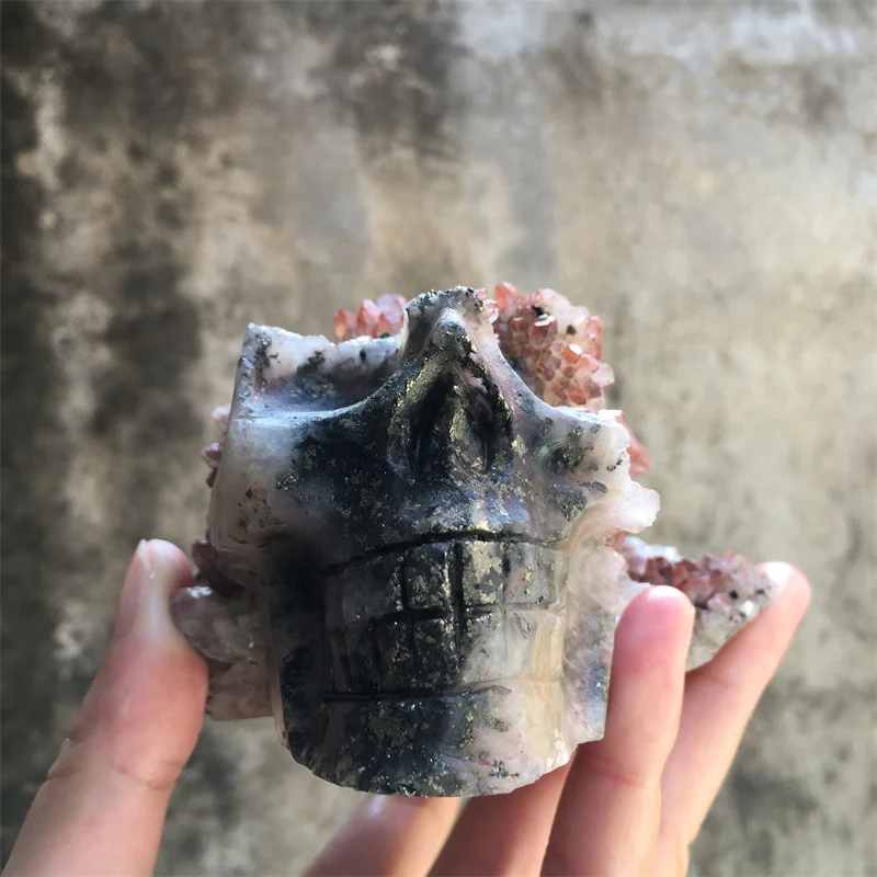 818g Rare Natural Red Crystal Quartz Pyrite Symbiotic Cluster Carved Skull Reiki Healing Energy Mineral Home Decor Collection