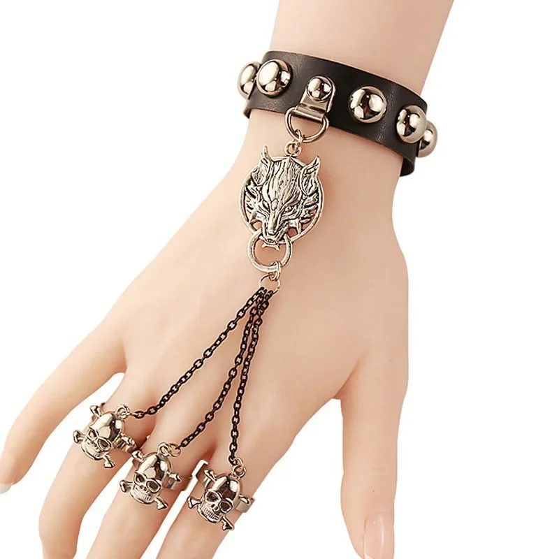 Chic Fashion Jewelry Gothic Skull Wolf Hand Chains Leather Bracelet Fingers Ring Bracelet for Women