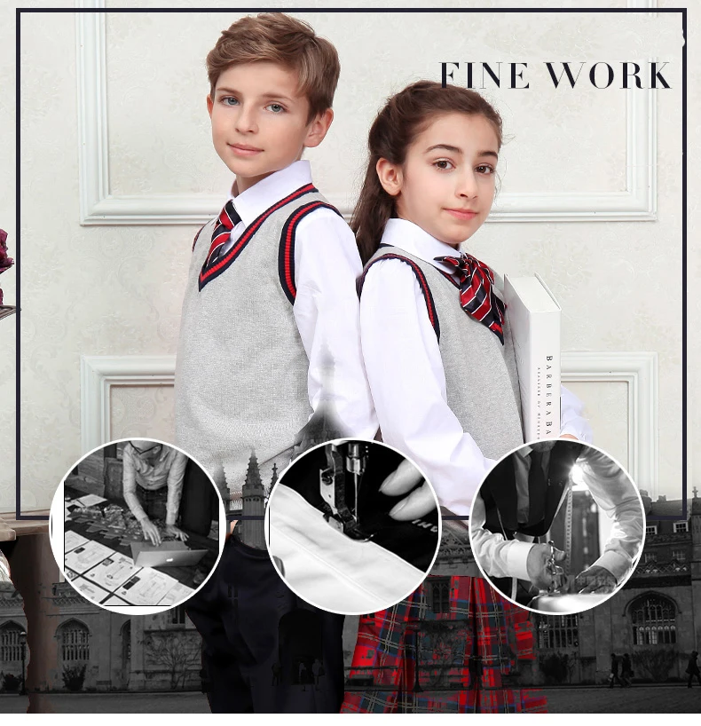 Trui Fabriek Custom Kids School Uniform Gebreide Vest Mouwloos Vest Bulk Schooluniformen Gray Kinderen Lange Mouwen 100% Katoen