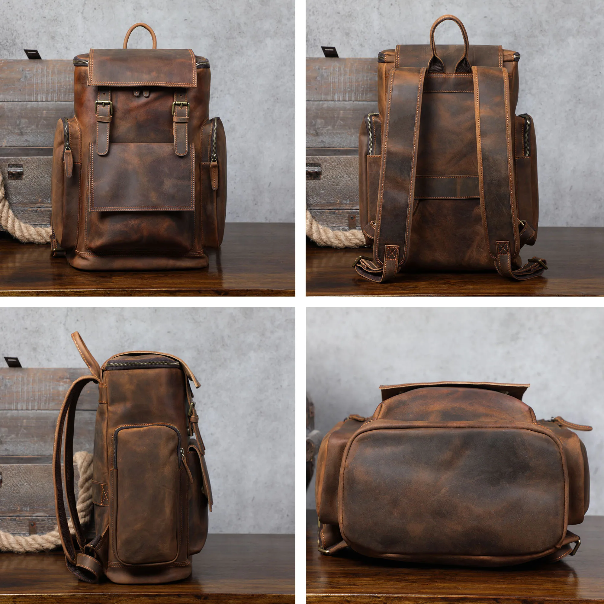 S.WORKER Vintage Echtleder-Rucksack Laptop-Tasche Casual Crazy-Horse-Leder Schultasche Outdoor-Reise-Weekender-Tasche – Detail 12