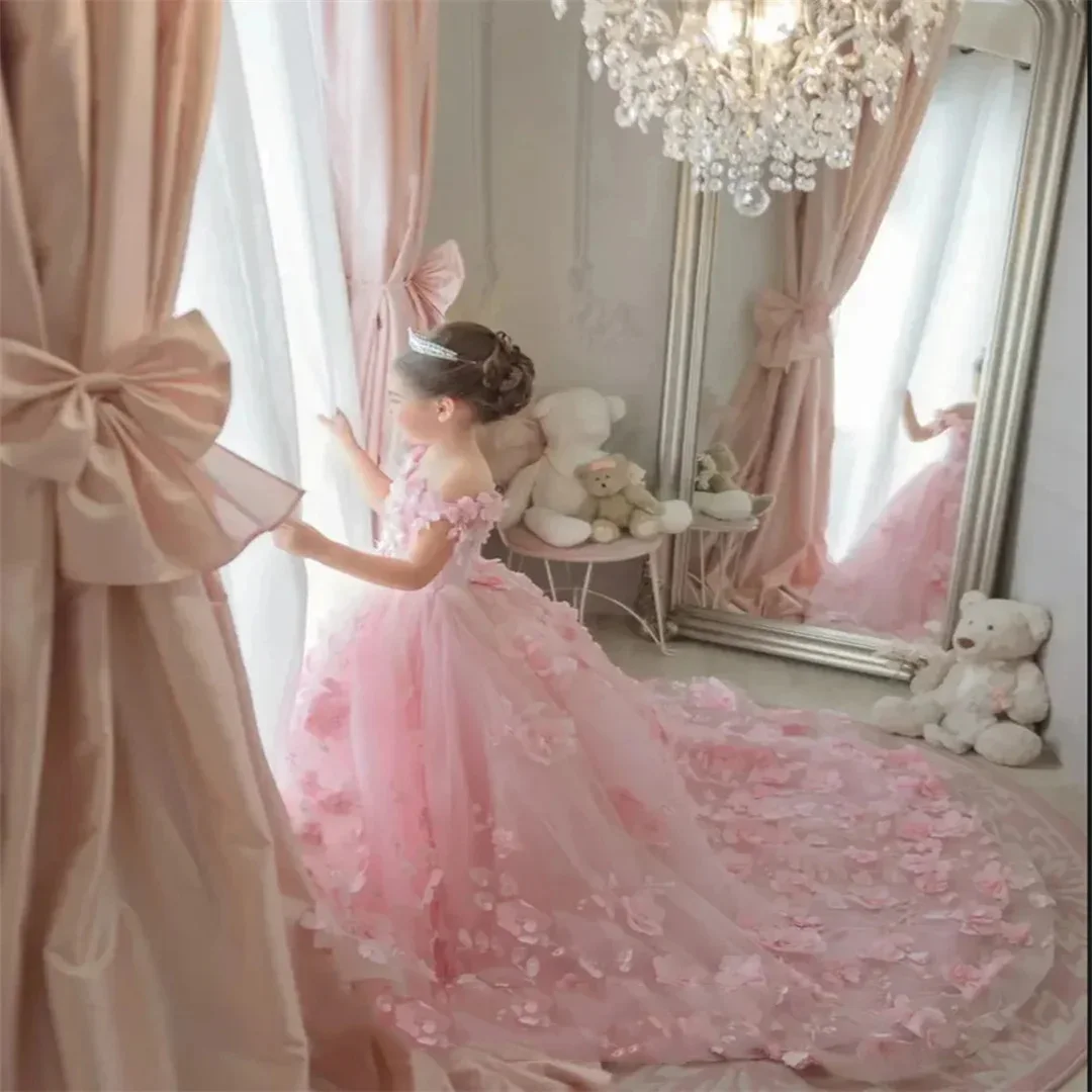 Vestido de princesa con Apliques de encaje para niñas, vestido de baile de flores para bodas, Tollders, hombros descubiertos, desfile, vestidos de primera comunión