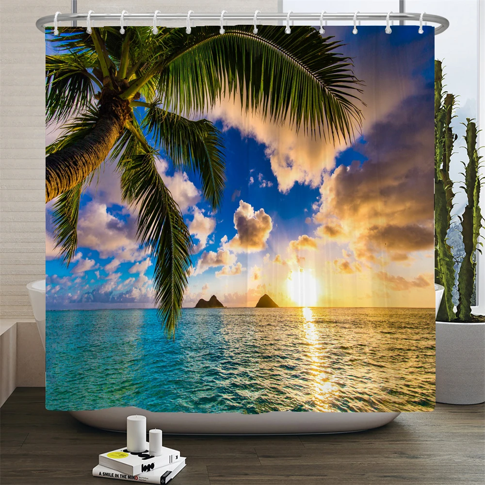 Sunlight Ocean Scenery Shower Curtains Decoration Waterproof Fabric Sunset Dusk Sea Dolphin Cowboy Bath Curtain Bathroom Screen