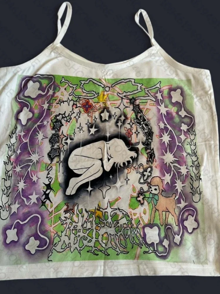 เสื้อครอปพิมพ์ลายกราฟิกสไตล์พังก์ Y2K วินเทจ กอธิค แกรมจ์ เบบี้ที เสื้อครอปทรงคอร์เซ็ทสำหรับผู้หญิง สไตล์อีโม