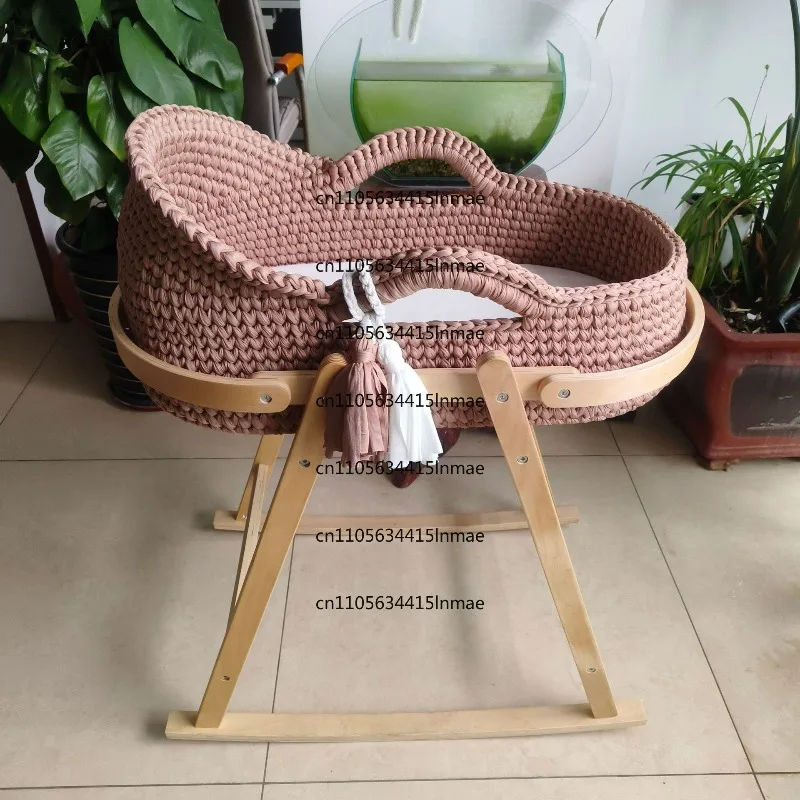 Wooden Stand and Soft Mattress Baby Cradle Handwoven Beige Crochet Bassinet Portable Moses Basket Newborn Lounger