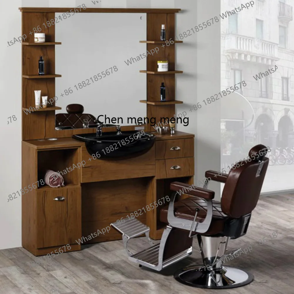 

European Retro Hair Mirror Barber Shop Marble Desktop Hair Salon Cabinet