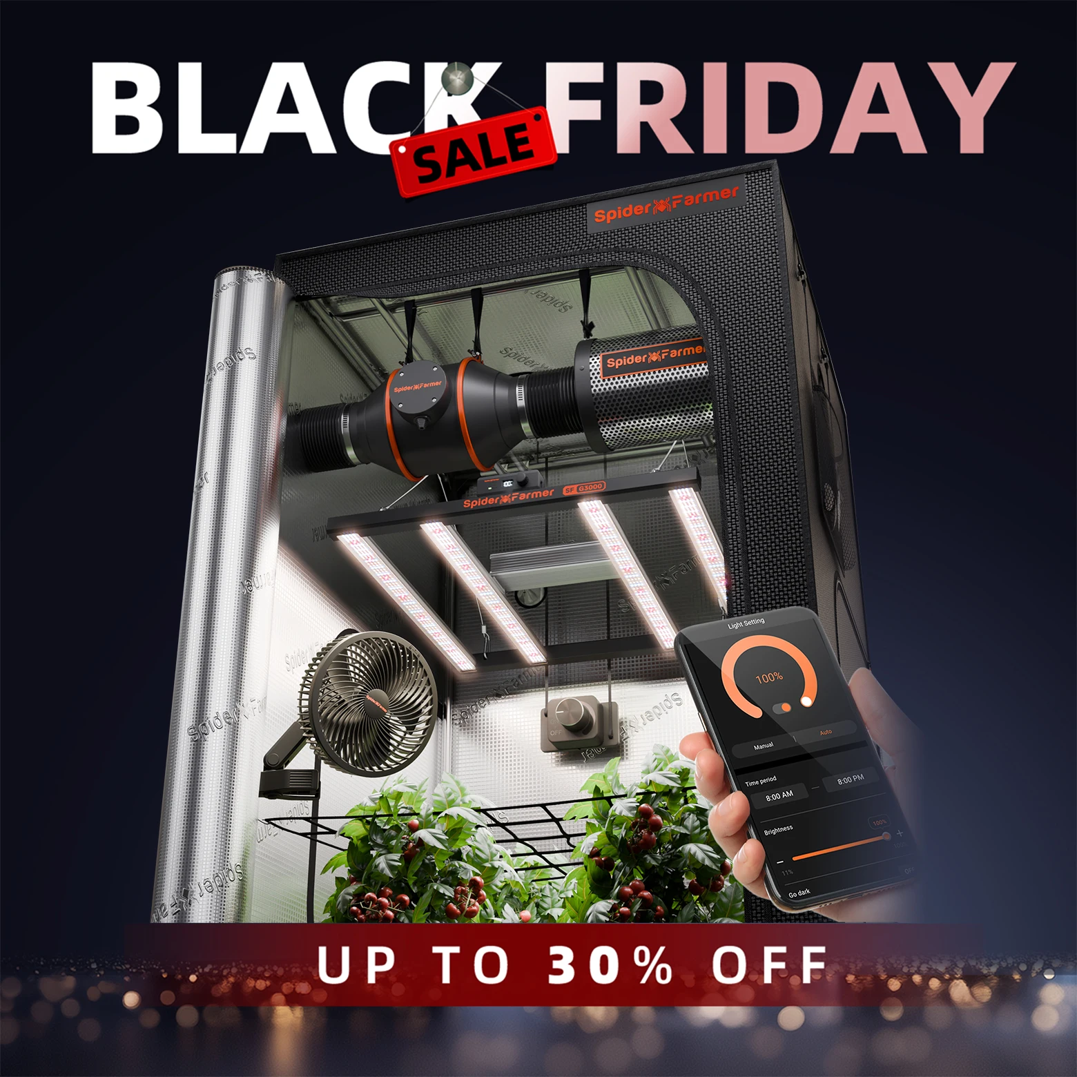 

Spider Farmer 0,9x0,9x1,8 м Полный комплект палатки для выращивания + светодиодный светильник полного спектра G3000 + 6-дюймовый зажимной вентилятор + 4-дюймовый встроенный вентилятор для домашнего выращивания