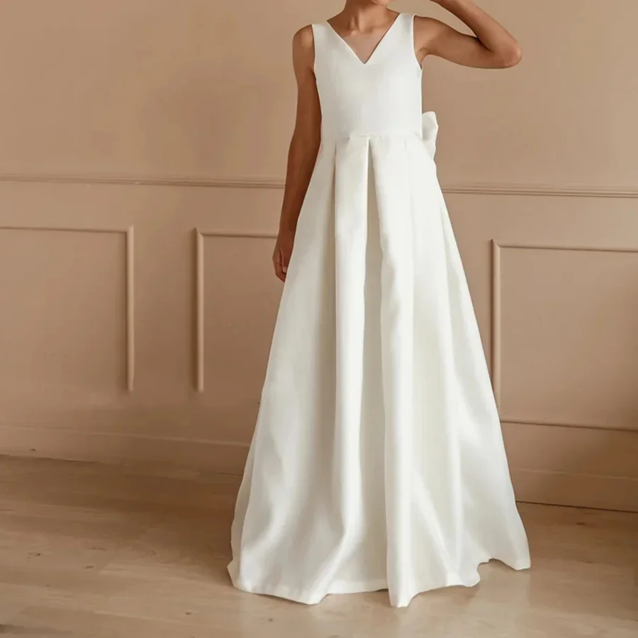 Einfaches Satin Blumen mädchen Kleid für Hochzeit V-Rücken ärmel los rücken frei mit Bogen Kinder Geburtstag Abschluss ball Erstkommunion Ballkleider