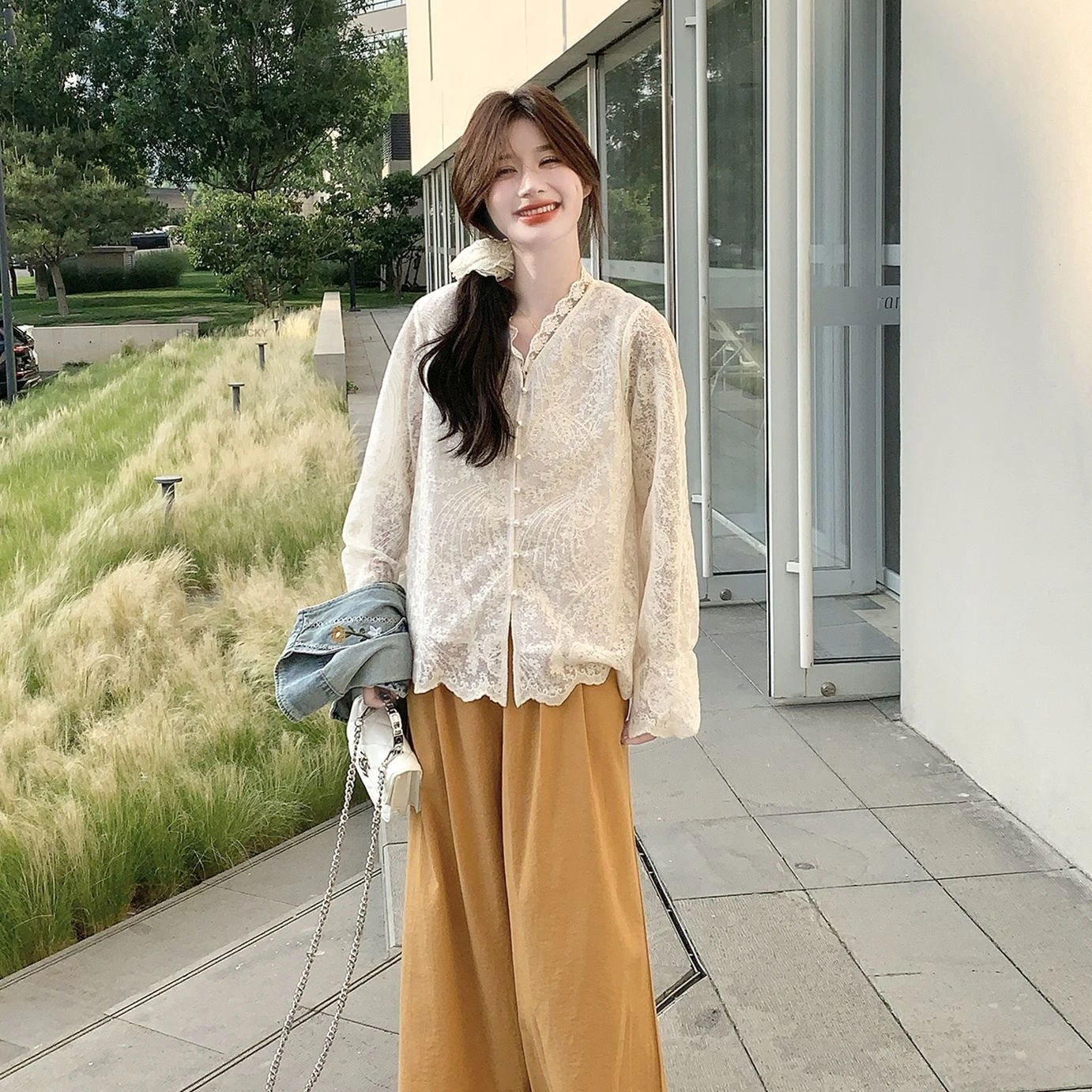 Autumn New French Embroidery Denim Vest Lace Inner Set Women Elegant Vest Set Chinese Style Vintage Vest Daily Improved Clothing