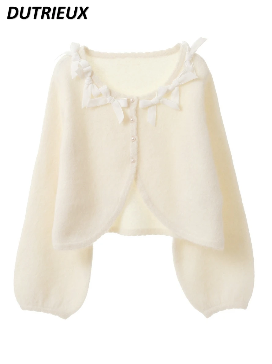 Japanese Gentle Sweet Cute Lolita Bow Pearl Button Sweater Cardigan Women Round Neck Long Sleeve Sweaters Autumn Winter Clothes