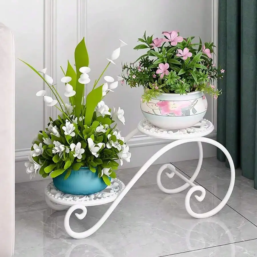 2-Tier Floor Plant Stand European Style Indoor Flower Pot Holder Multifunctional Display Rack For Balcony Home Decor
