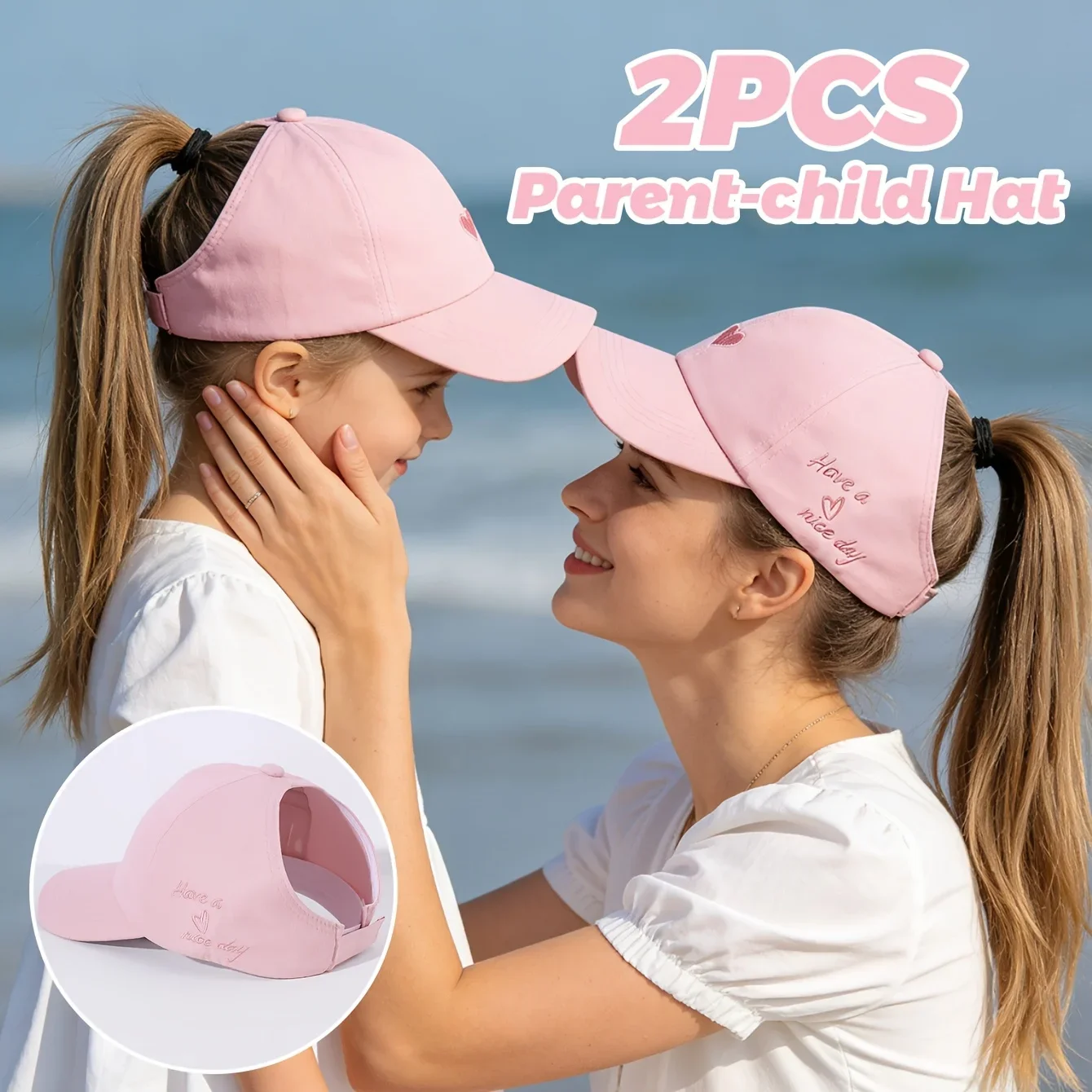2 Pack Summer Family Style Open Top Ponytail Baseball Cap Adjustable Sunscreen Hat For Beach Outings Daily Use