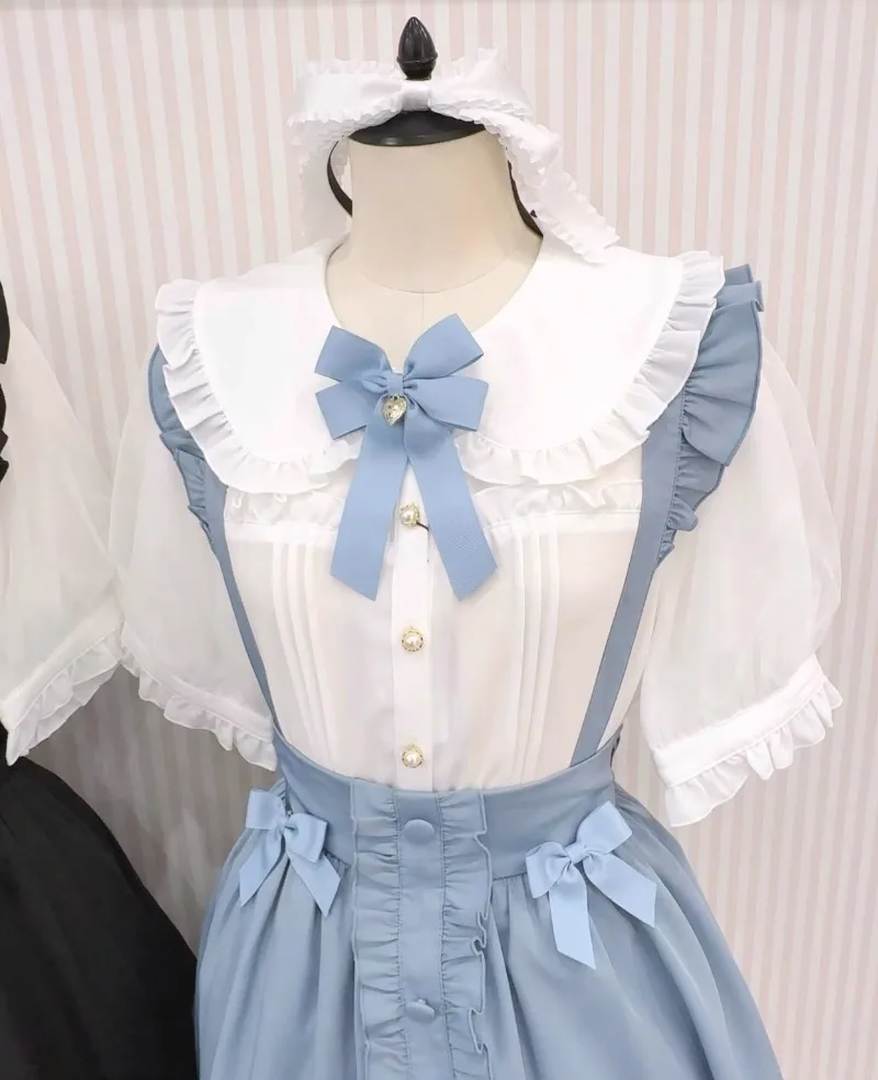 Japanese Lolita Sweet And Cute Style Bow Ruffle Edge Strap Skirt Bow Top Single-breasted Short Sleeves Shirt Women's Clothing