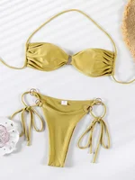 Bikinis de Color liso, traje de baño Push Up, conjunto de Bikini con cuello Halter para mujer, traje de baño brillante, trajes de baño Push Up, ropa de playa tipo vendaje, Tanga