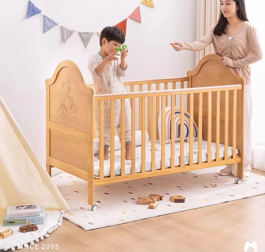 Moonship crib spliced ​​large bed solid wood multi-functional removable water-based paint children's baby spliced ​​bed smal