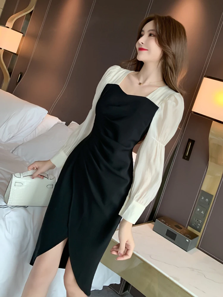 Primavera donna abito Midi temperamento elegante soffio pieghe manica lunga asimmetrico Split Femme Outfit stile coreano abiti Mujer