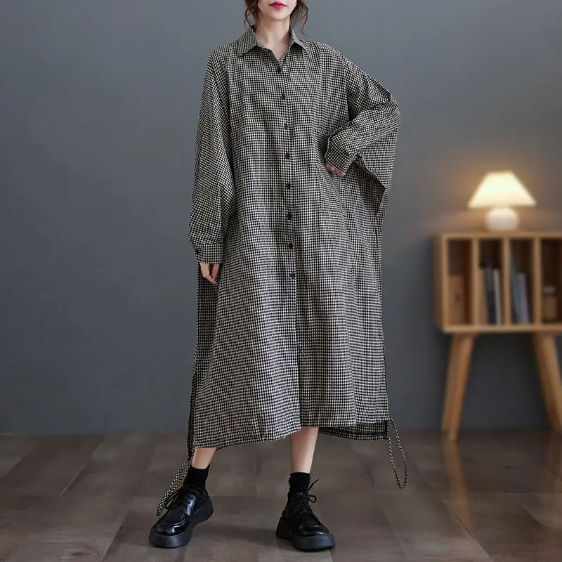 Abito da donna nuovo estivo europeo 2025 Abito camicia a quadretti retrò per pendolari oversize