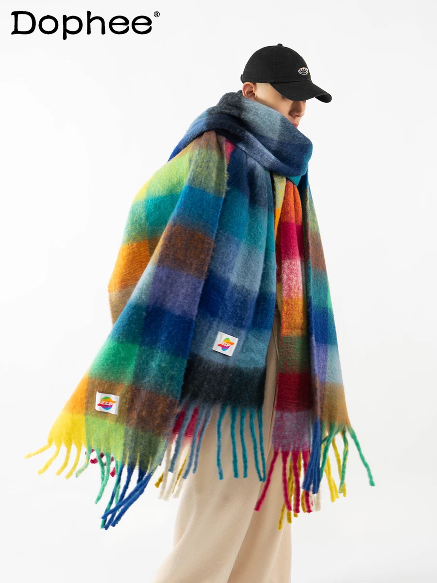 

Youth Rainbow Plain Contrast Color Winter Fashion All-Match Comfortable Cashmere Shuffle Retro Warm Felt Scarf Fashion Scarves