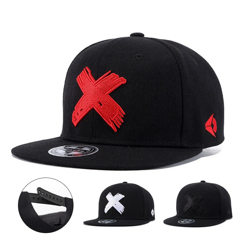 Sombrero de ala plana bordado 3D con letra X, sombrero de baile callejero de hip-hop, gorra de béisbol negra, sombrero de skate de moda, unisex, tamaño ajustable, adecuado para accesorios de moda de estilo callejero diario