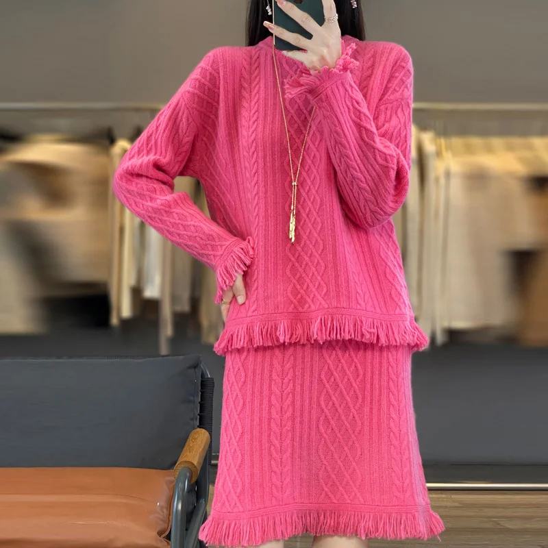 100% pure wool fringed skirt set for women spring and autumn round neck pullover sweater casual bodycon skirt two-piece set
