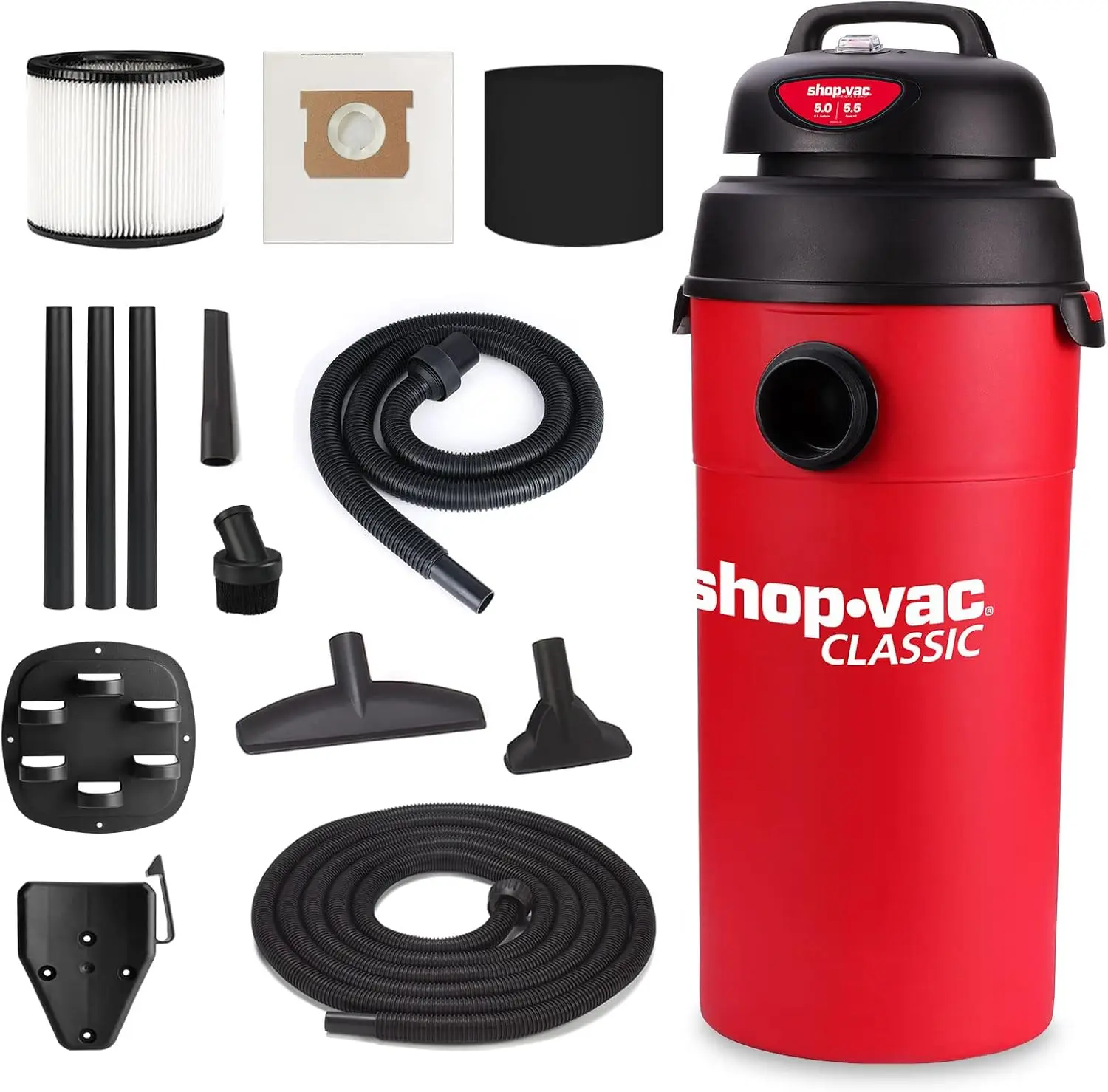 

5 Gallon Wet/Dry Vacuum, Wall Mountable with Long Hose & Attachments for Garage, Car, Workshop