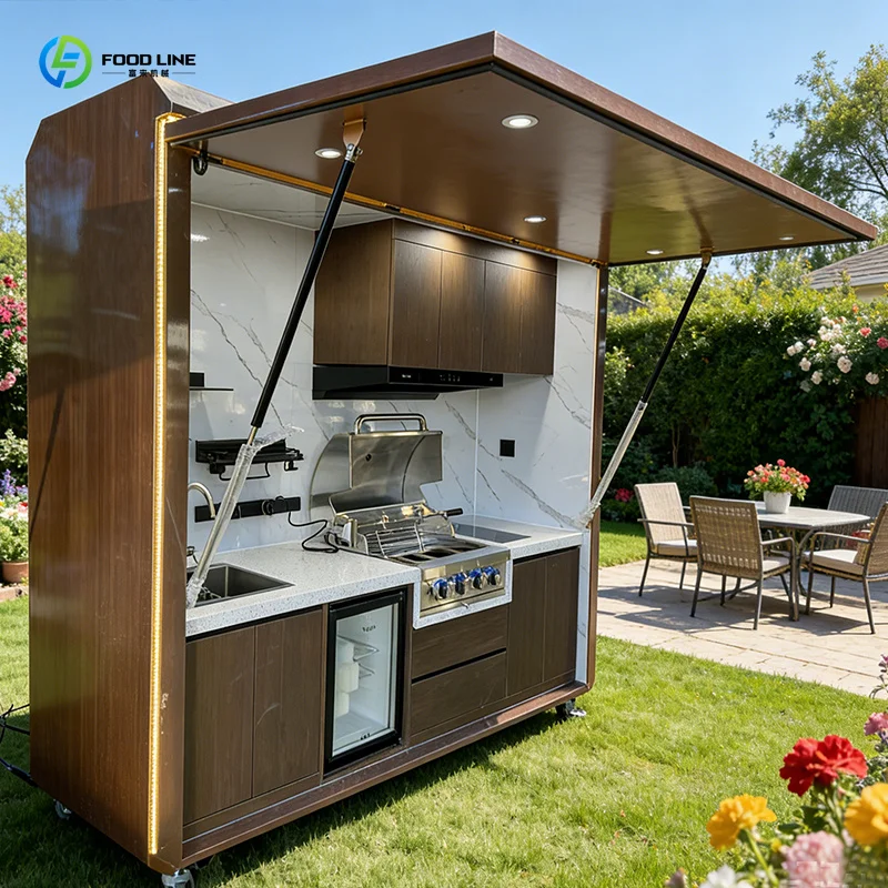 Customized new outdoor automatic door BBQ kitchen cabinet stainless steel four-wheel food trailer with grill