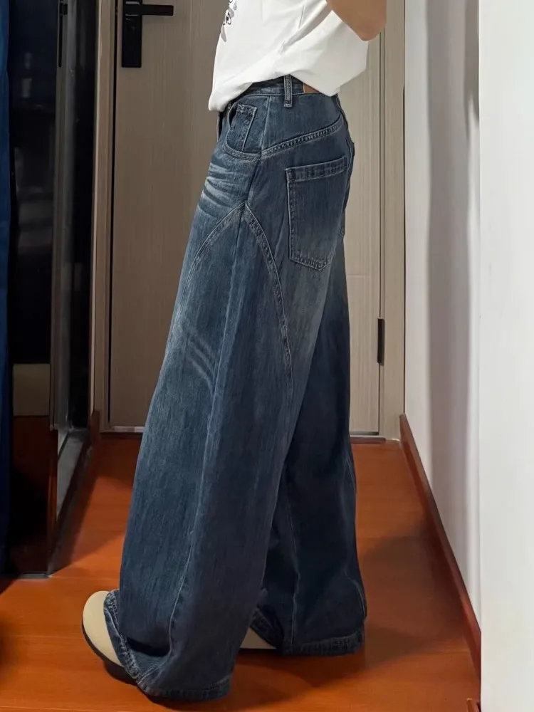 

Women's Retro Street Curved Wide Leg Blue Jeans Vintage Loose Trousers Cool Girl Bottoms Female High Waist Loose Cargo Pants