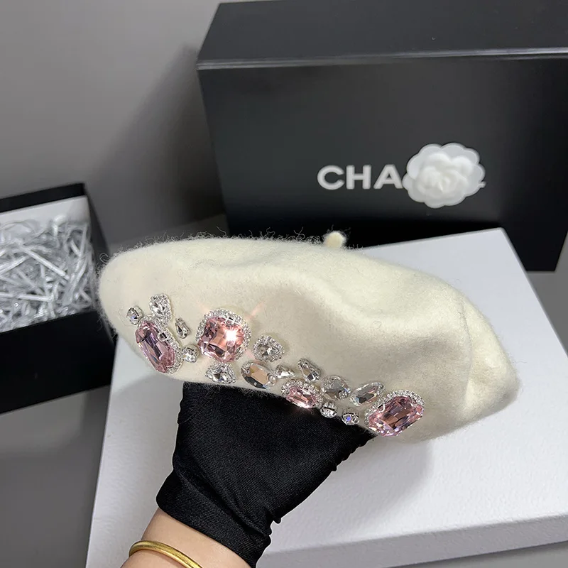 Brand Thick Winter Artist French Beret Girl Women Painter Hat Girls Female Warm Luxury Rhinestone Cap Beanies Sombreros de mujer