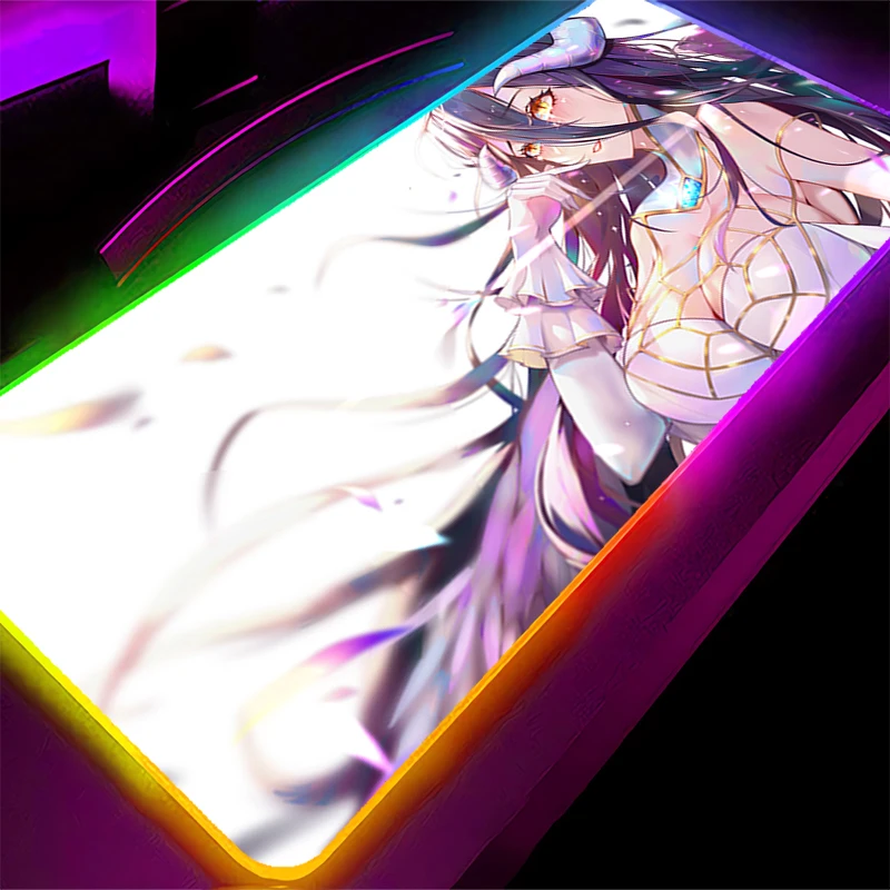 Tapis de souris LED RGB en caoutchouc HD, accessoires de jeu sur ordinateur, clavier, décoration de bureau, bureau, o-overlord Albedo