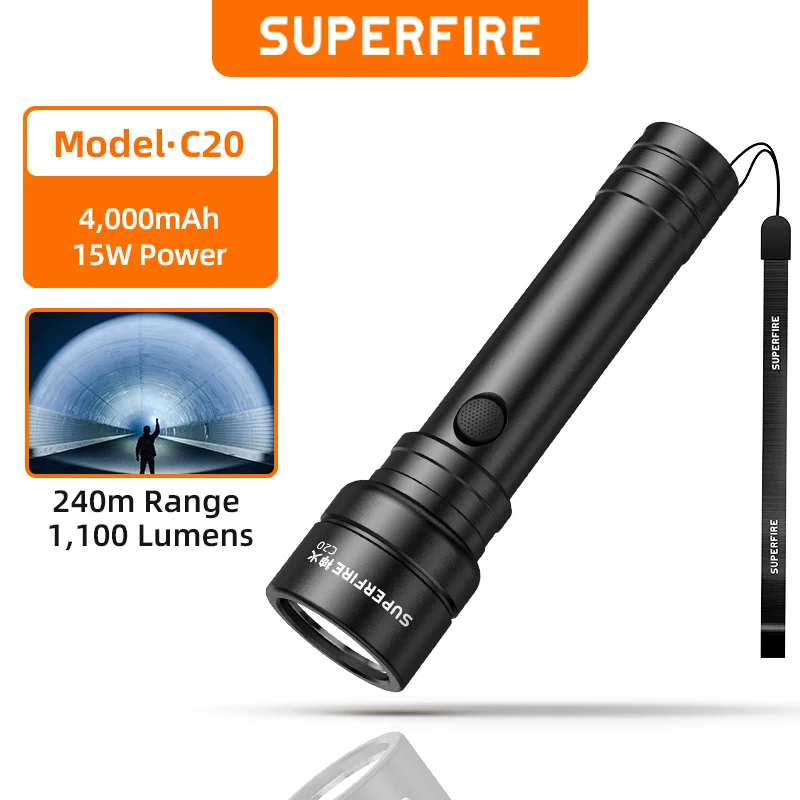 SUPERFIRE C20 15W LED Rechargeable Torch Super Bright Mini Flashlight Portable Type-C Aluminum Alloy Outdoor Camping Light