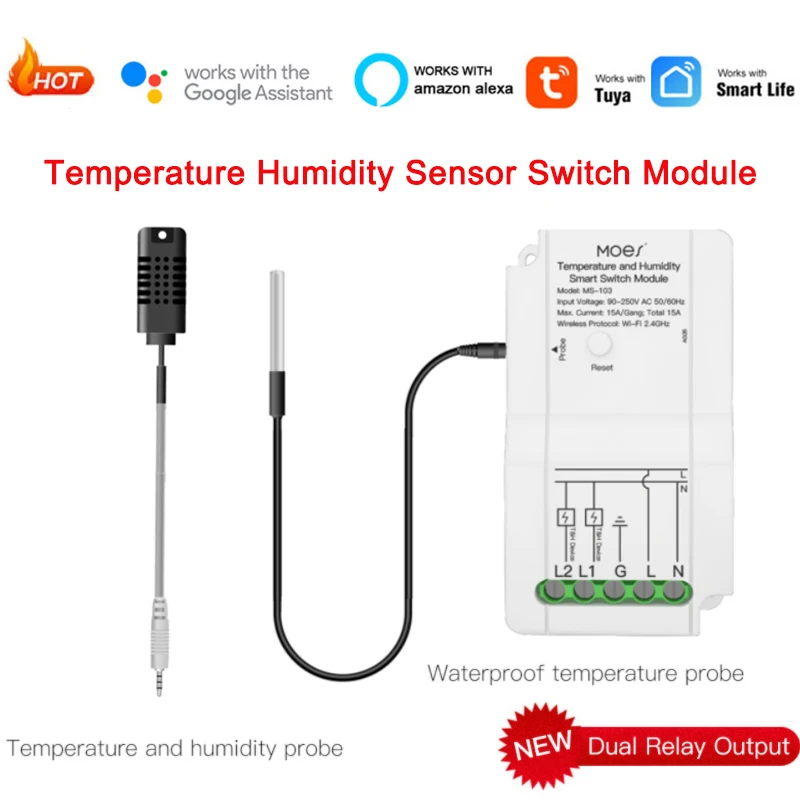 

Умный Wi-Fi датчик температуры и влажности Tuya, модуль переключателя с двумя релейными выходами, беспроводной контроллер, работает с Alexa Google Home, 15 А