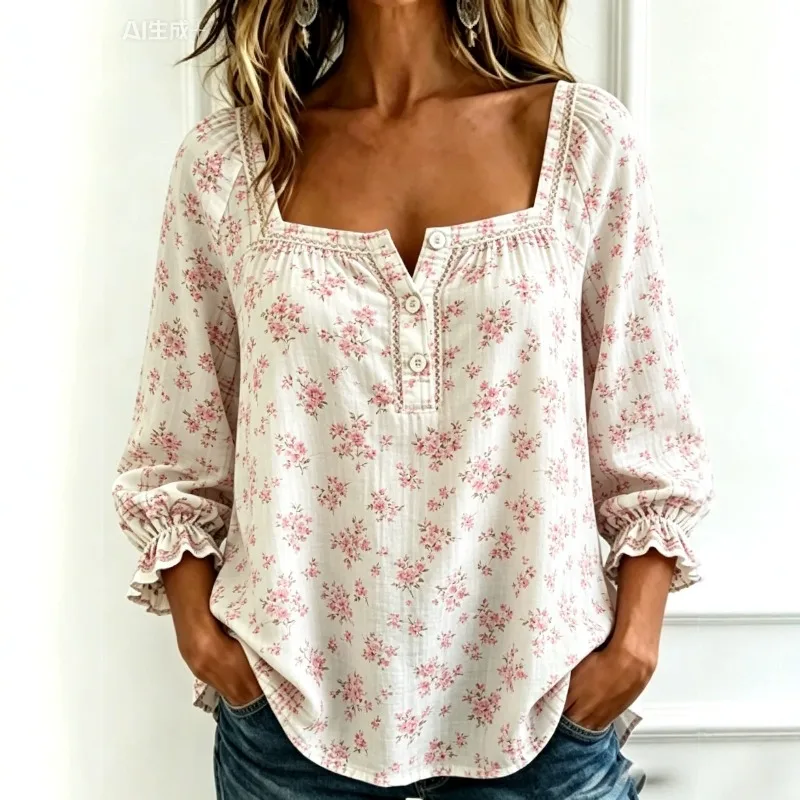 Women's shirt summer new French countryside style square grid shirt princess sleeves seven quarter loose fit shirt for women
