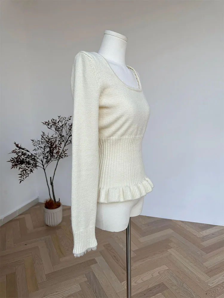 Dolce maglione stile Preppy donna colletto quadrato Pullover lavorato a maglia Beige Mori ragazza moda coreana Casual maglione di pizzo autunno