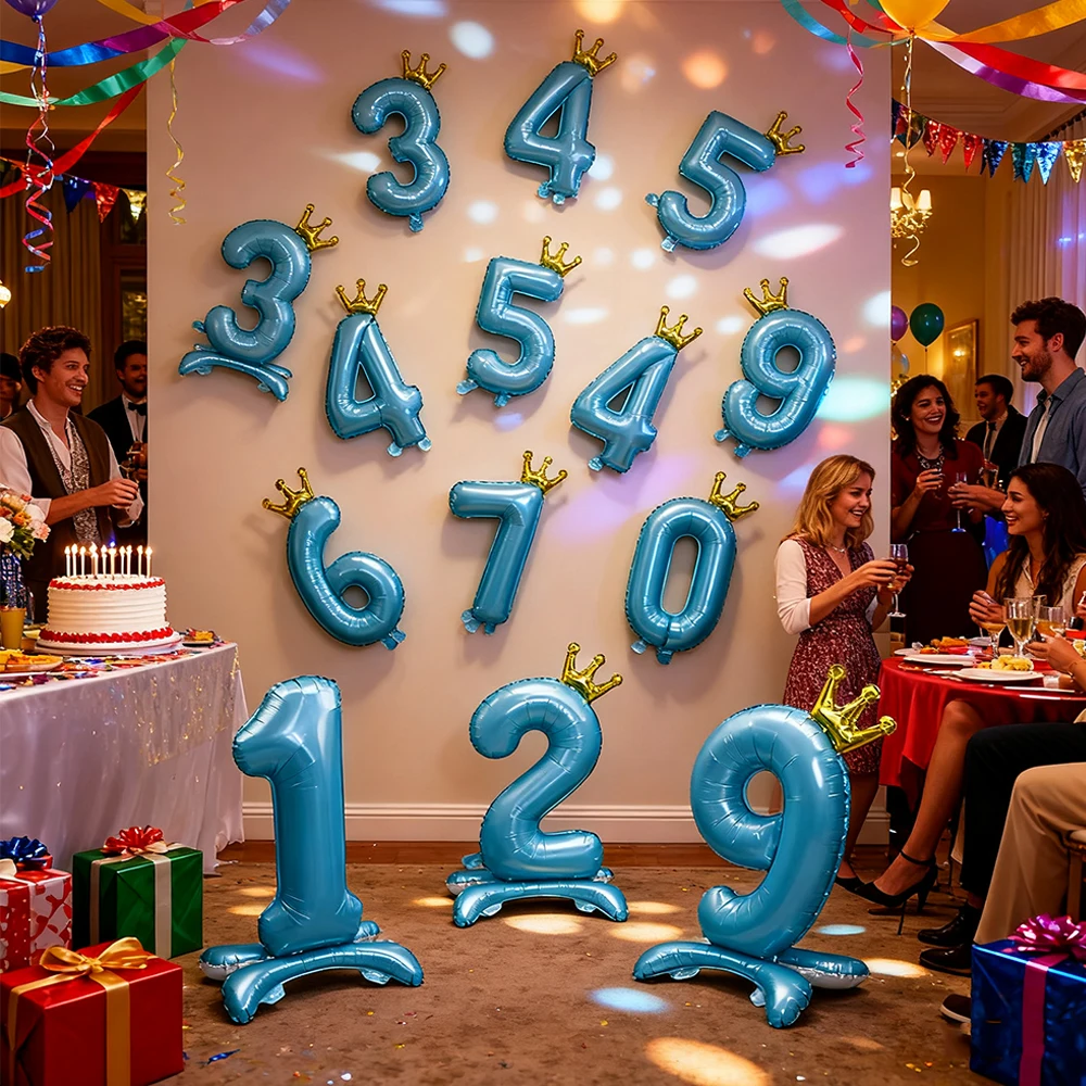 

42 inch Number Balloons Blue Large Digital Crown Foil Mylar Helium Balloon for Birthday Party Anniversary Decorations Supplies