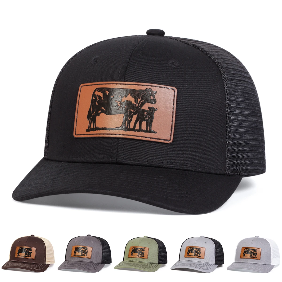 Unisex Brown Cow Leather Label Baseball Net Caps Spring and Summer Outdoor Adjustable Casual Hats Sunscreen Hat