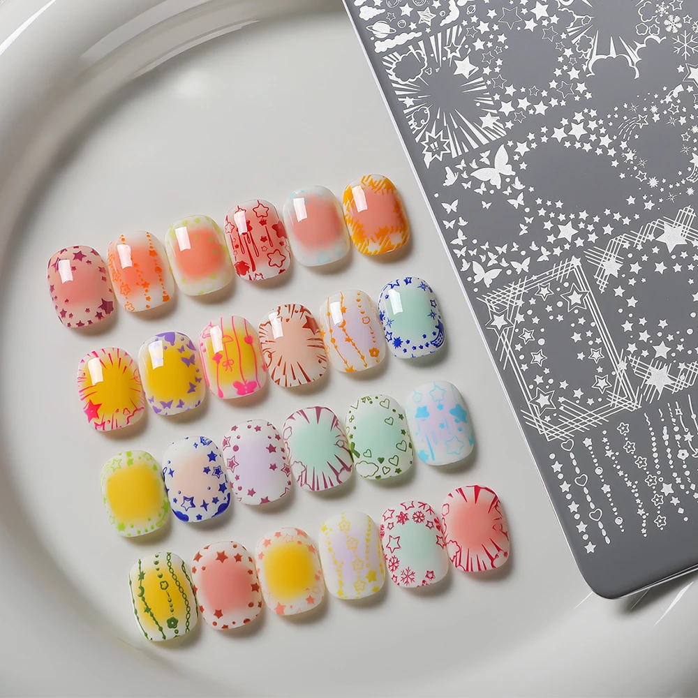Stern-Schleifen-Muster Quasten-Bedruckte Nagelstempelplatte Glänzende Sterne Nagelkunst-Stempelplatte Ideal für Maniküre DIY Malwerkzeuge