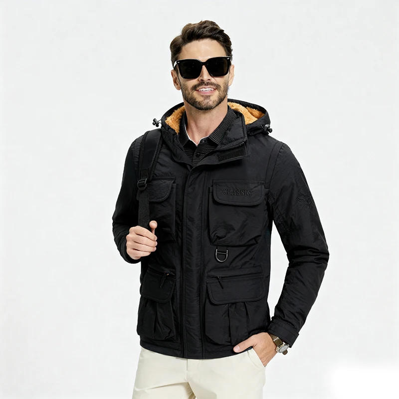 سترة بغطاء للرأس وقابلة للفصل وأكمام قابلة للفصل، معطف شتوي دافئ متعدد الجيوب #1