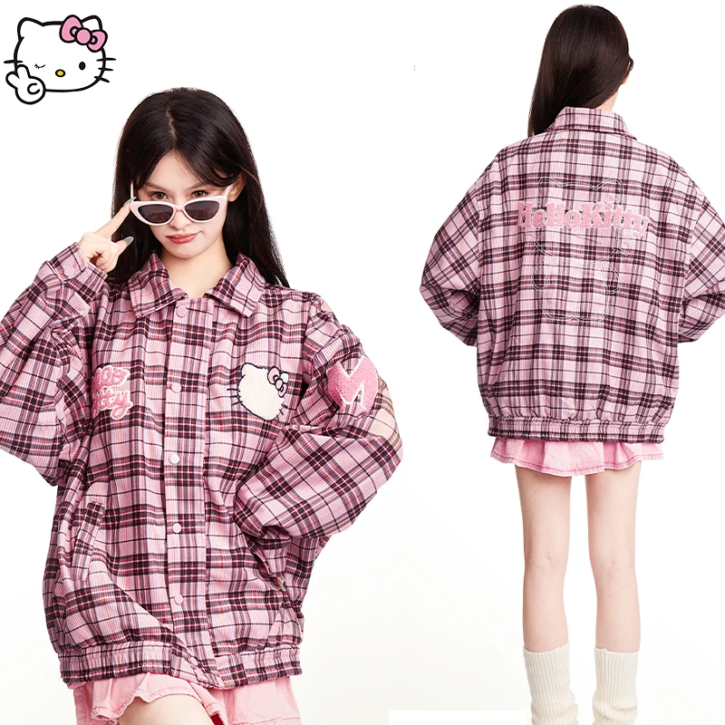 Anime Hello Kitty Couple Outfit Plaid Coat Sanrio Kawaii New Autumn Cartoon Cotton Jacket Oversize Preppy Casual Vintage Trend