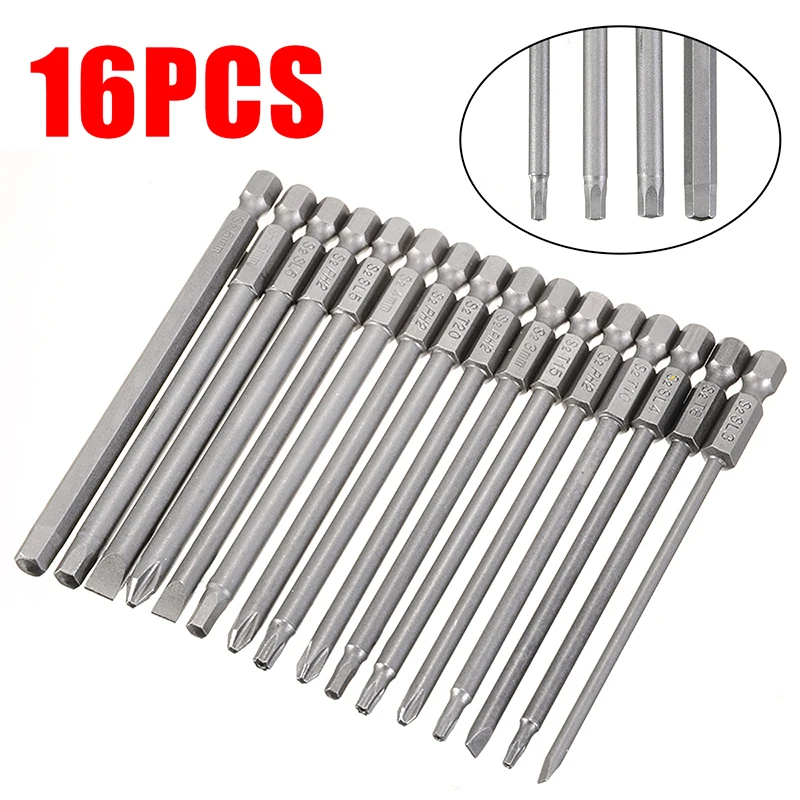 O50 16Pcs 100mm Long Alloy Steel Magnetic Head Cross Phillips Hex Screwdriver magnetic Bit Set Torx Head Hex Driver Bits