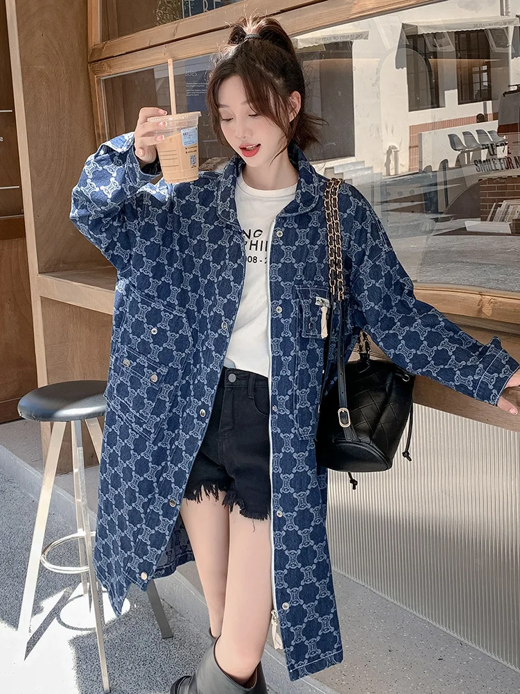 Denim Windbreaker women\'s mid length 2024 Spring Autumn New Fashion Versatile Plaid Printed Trench Coat Fashion Outwear Top