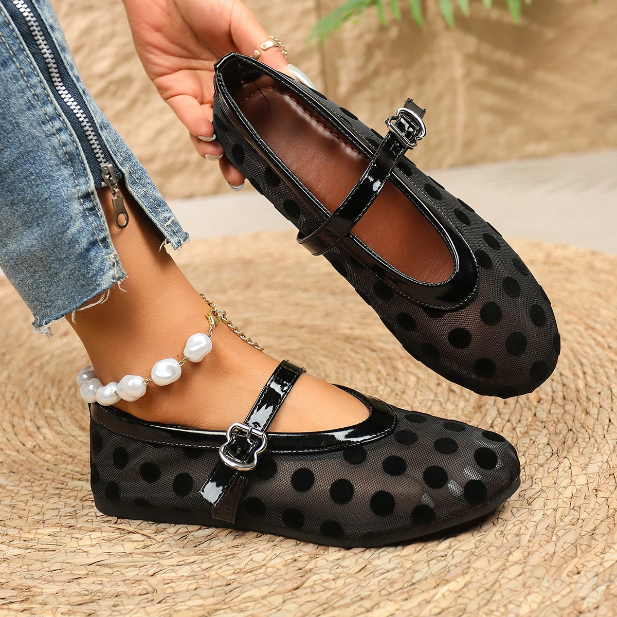 2026 Damen Ballerinas mit Netzstoff und Polka Dots, Vintage Mary Jane Schuhe mit runder Zehenpartie, Übergrößen Damenschuhe Größe 36-43 – Detail 4