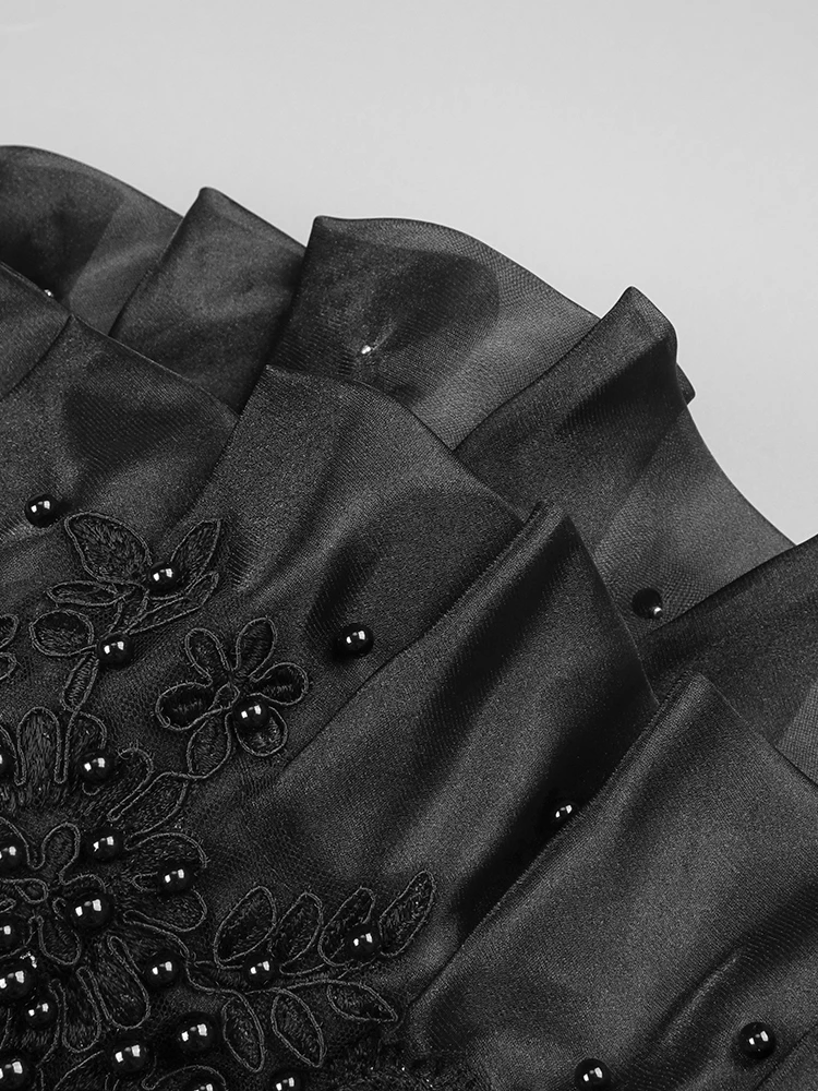 فستان أسود طويل بأكمام واحدة مفتوح الساق للنساء مزين بالترتر واللؤلؤ ومطرز ماكسي للحفلات الراقصة والمشاهير والحفلات المسائية #4