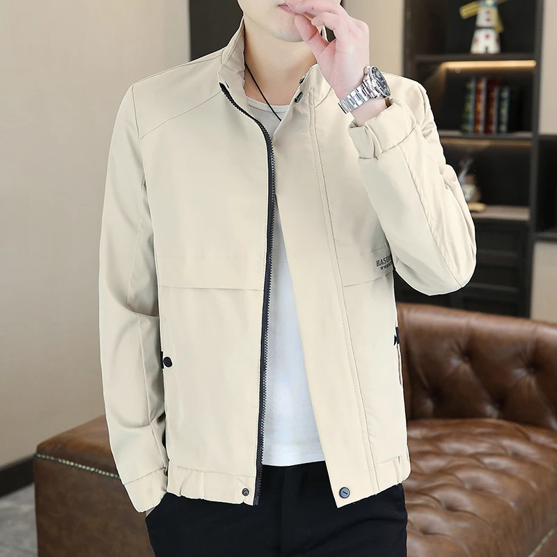 

Spring Autumn Men's Jaet Slim Fit Casual Thin Stand Collar Zipper Closure Long Sve Anti-Wrinkle Polyester Youth Faion