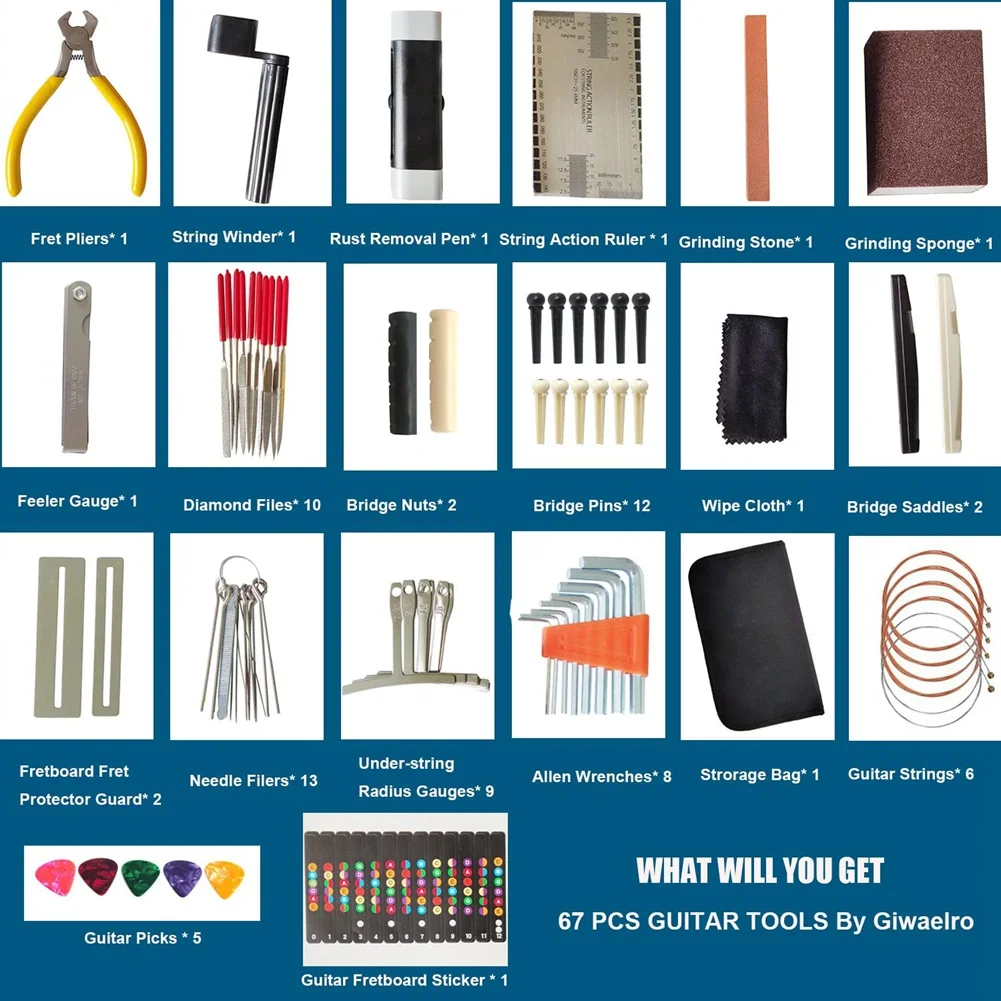 NALFI-67PCS Guitar Tool Kit For Set Up,Intonation Adjustment And Repair, Guitar Maintenance Kit For Guitar Bass And Ukulele
