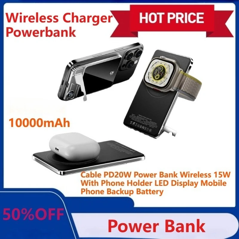 

Portable Charger Powerbank With Cable PD20W Power Bank Wireless 15W With Phone Holder LED Display Mobile Phone Backup Battery