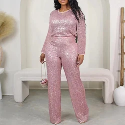 2024 New Spring Casual Sequin 2 Piece Set Women Solid Party 2 Piece Outfit O Neck Long Sleeve Tops Wide Leg Pants Suit Women Set