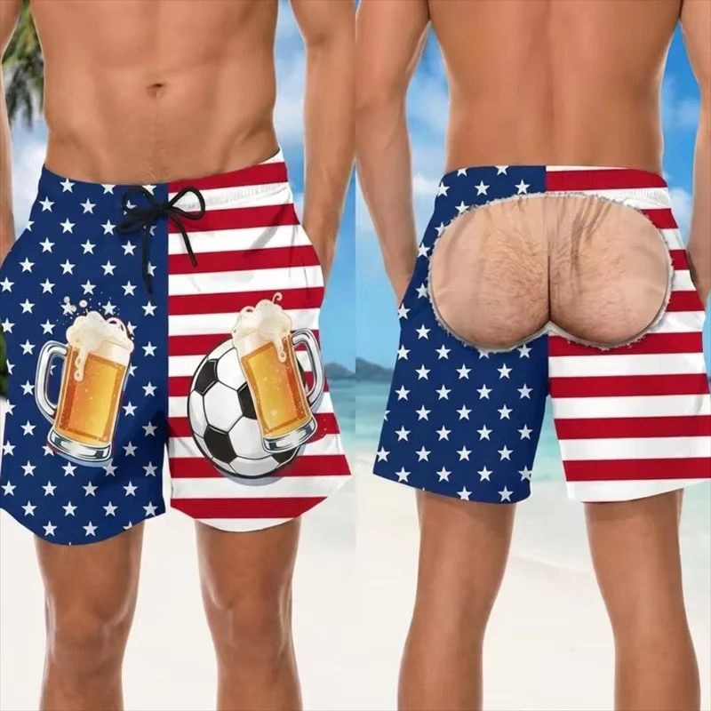 Hot Fake Buttocks For Men Swim Trunks Funny Beer Football Print Novelty Holiday Party Board Shorts Personality Beach Short Pants