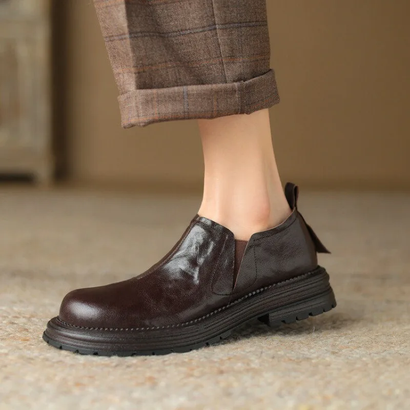 British Style Round Toe Genuine Leather Casual Slip on Loafers Women's Leather Shoes Work Fashion Comfortable Female Oxfords