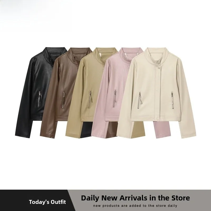 Faionable Street Sle Women's Leather Jaet Double Zipper Stand Collar Basic Model ZR Trend ort Outerwear Coat