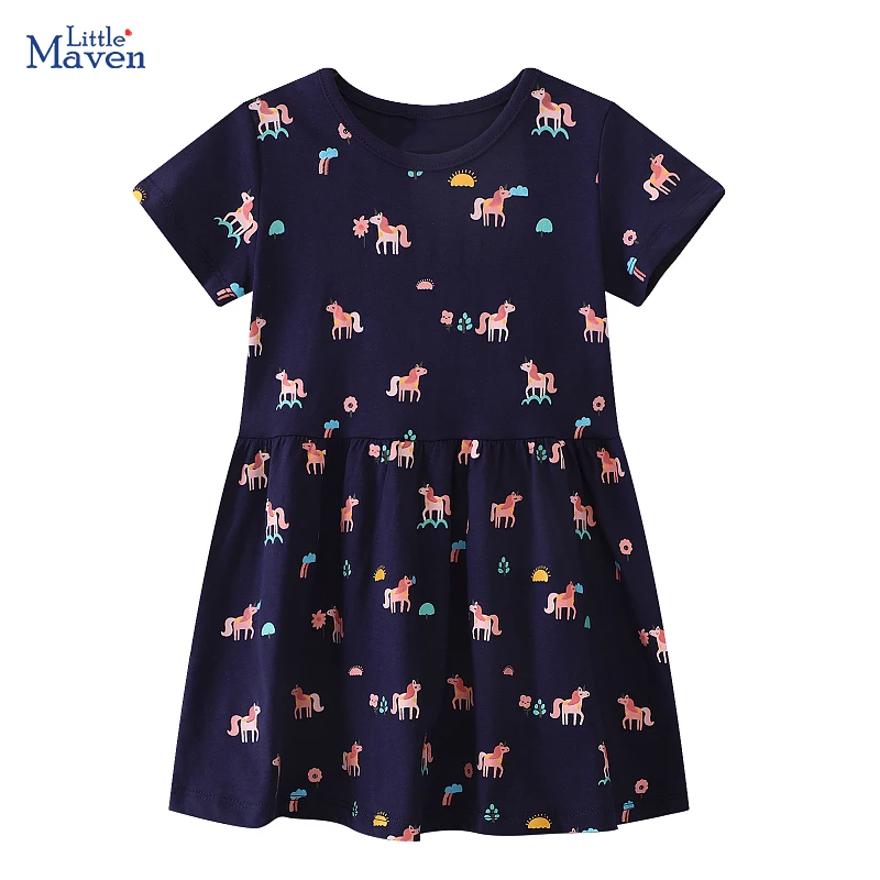 

Little maven Children's Clothing Baby Girls 2025 Summer Embroidered Cartoon Casual Unicorns Dresses Dresses Kids Clothes