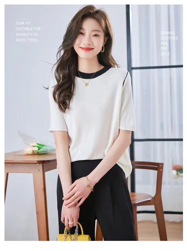 

Ice Silk Color Block Short Sleeve Knitted Top Women's Loose round Neck Thin Casual Half Sleeve T-Shirt Korean Style Summer New